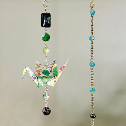Origami Ornament #2464 - Small Crane with Glass and Stone Beads