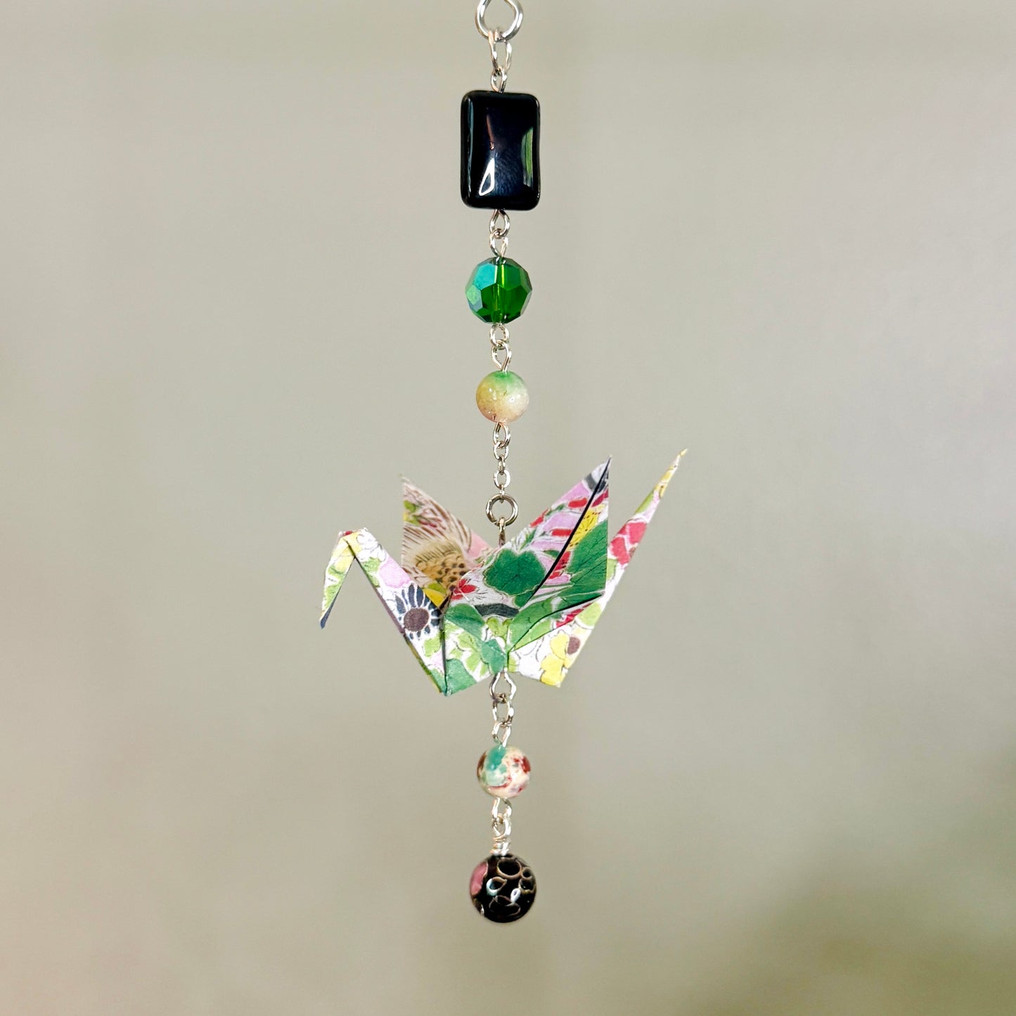 Origami Ornament #2464 - Small Crane with Glass and Stone Beads