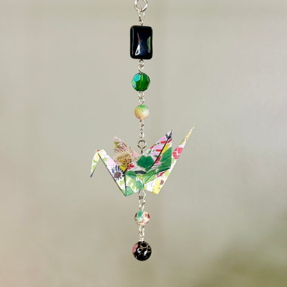Origami Ornament #2464 - Small Crane with Glass and Stone Beads