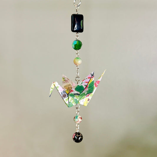Origami Ornament #2464 - Small Crane with Glass and Stone Beads