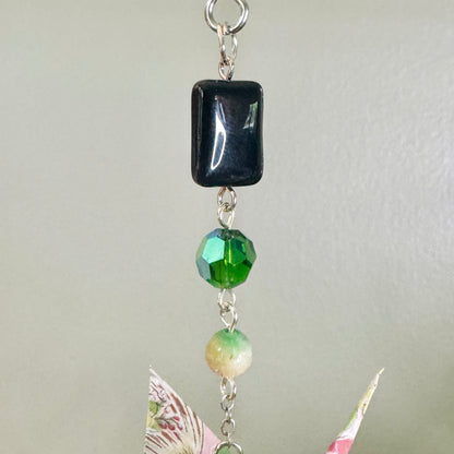 Origami Ornament #2464 - Small Crane with Glass and Stone Beads