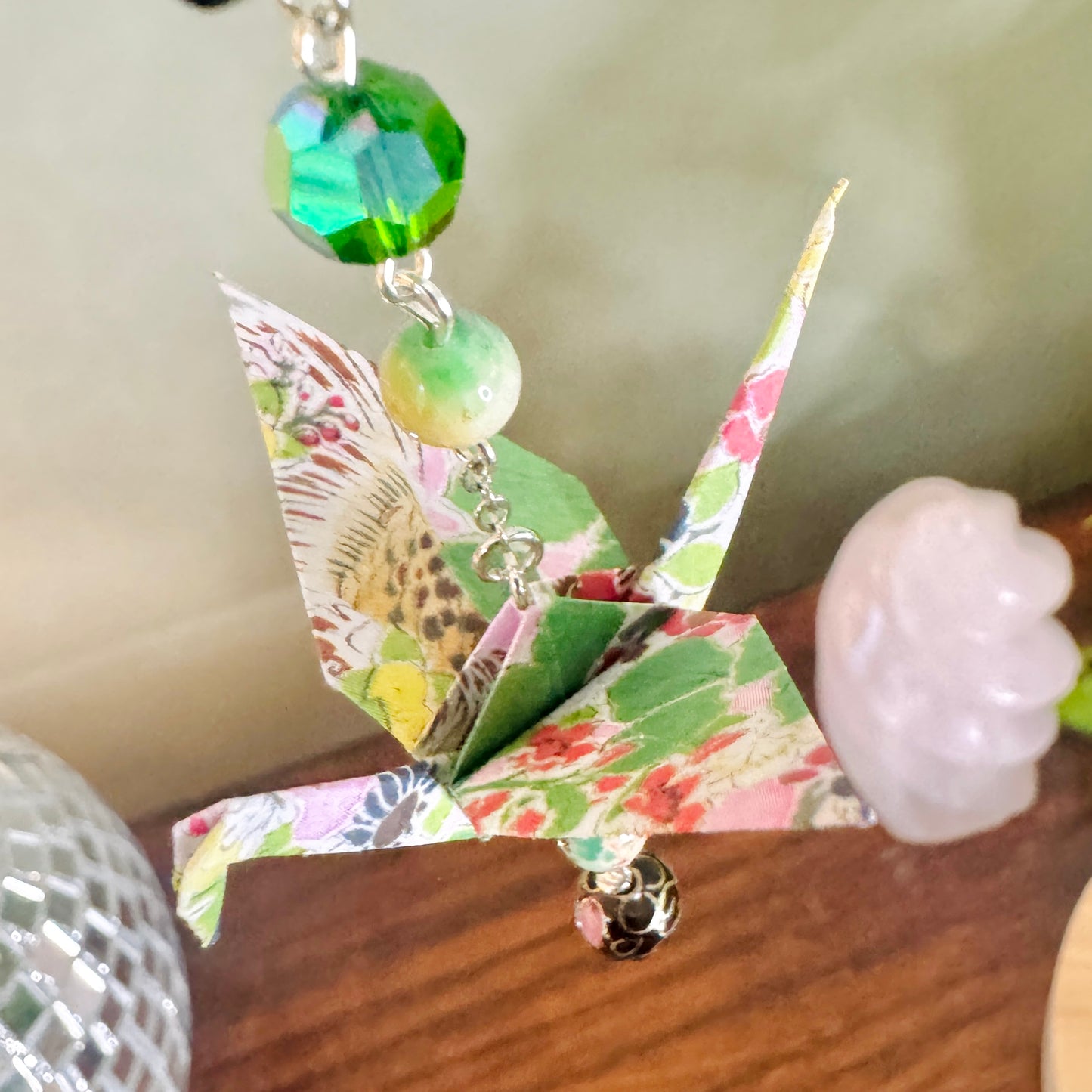 Origami Ornament #2464 - Small Crane with Glass and Stone Beads