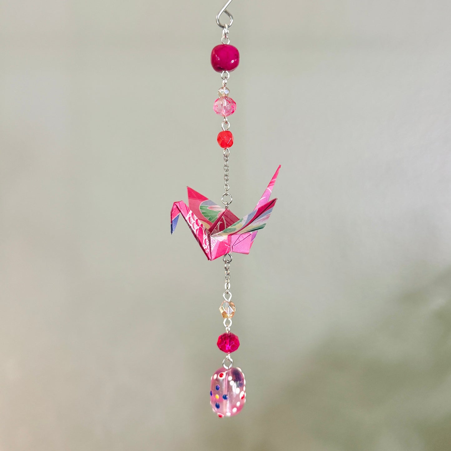 Origami Ornament #2465 - Small Crane with Repurposed Glass Beads
