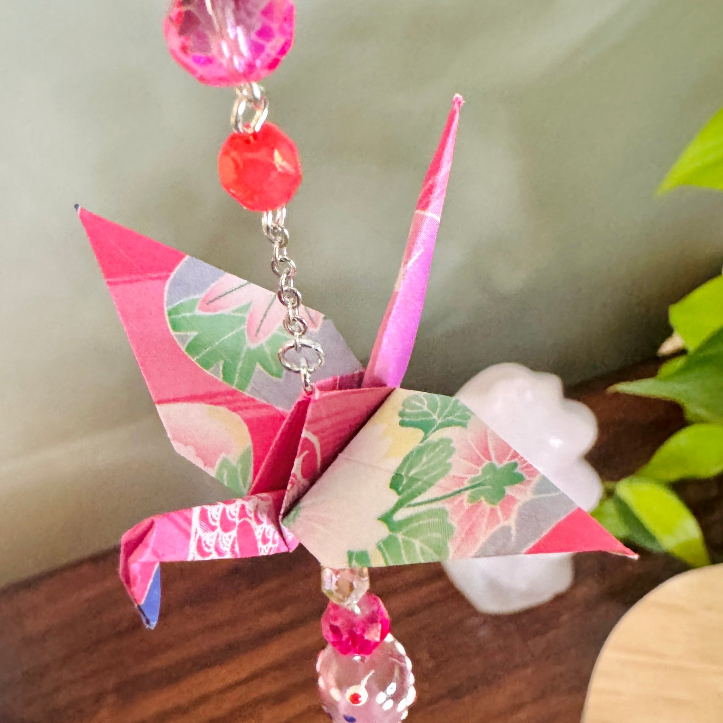Origami Ornament #2465 - Small Crane with Repurposed Glass Beads
